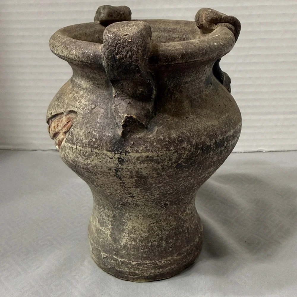 Rustic Style Ceramic Pottery Vase Feather Motif Weathered Finish Loop Handles